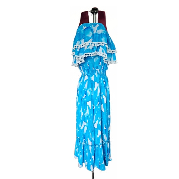 Red Dress Boutique Palms Away Blue Patterned Off-Shoulder Ruffle Midi Dress - Picture 3 of 14